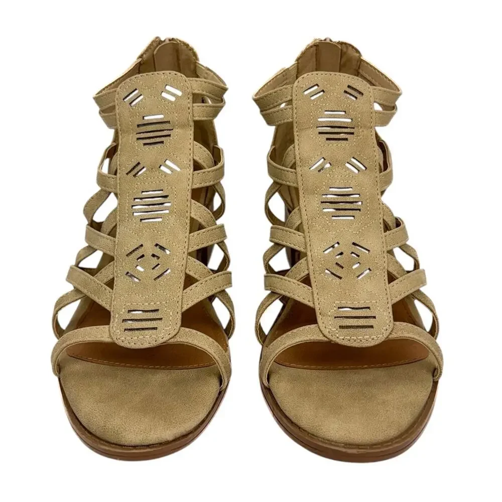 Justice Tan Western Faux Leather Metallic Strappy Block Low Heel Sandals 8 Girls